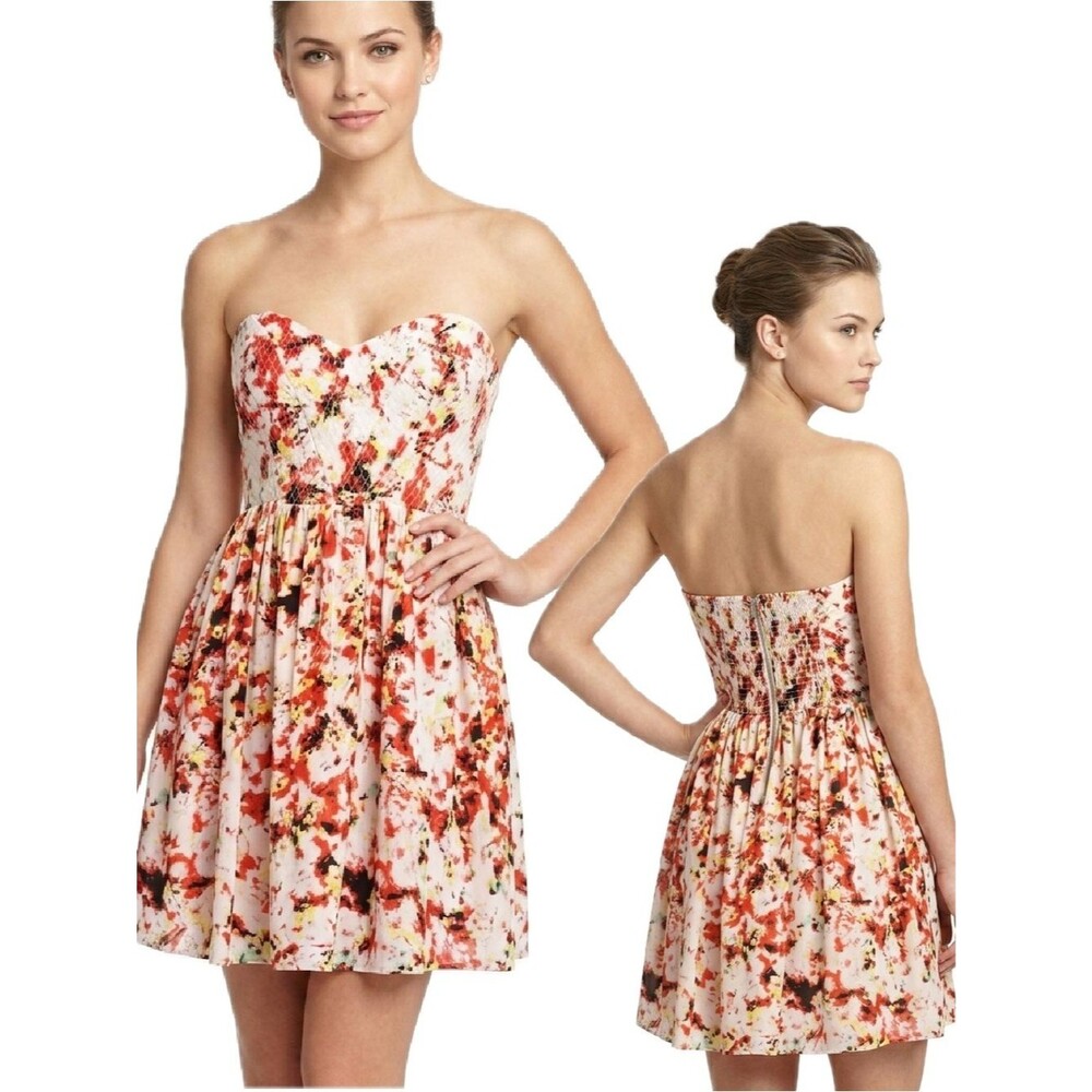 Parker Silk Strapless Jenna Dalia Pink Floral Smocked Dress Size XS